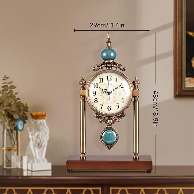Vintage Mantel Clock, Silent Non-Ticking Table Clock with Pendulum, Luxury Metal & Wood Desk Clock for Living Room, Bedroom, Study Room Decor