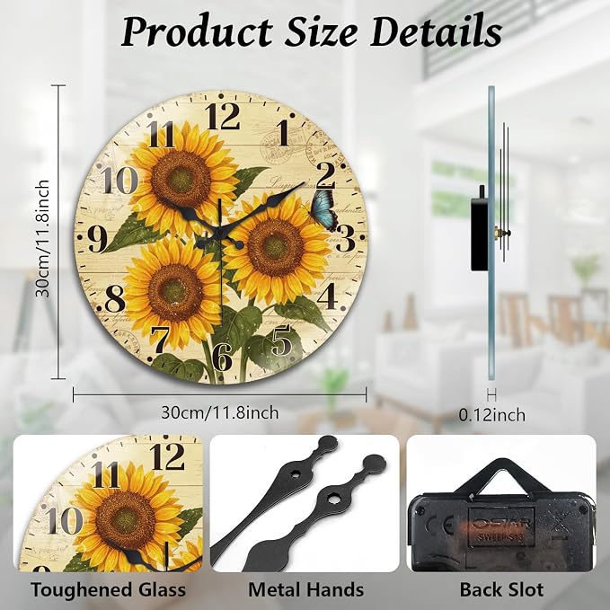 peacoblue Wall Clocks Battery Operated 12 Inch Sunflower Glass Round Wall Clock Non Ticking for Kitchen Living Room Dining Room Bedroom and Bathroom Decor Accessories (Battery not Included)
