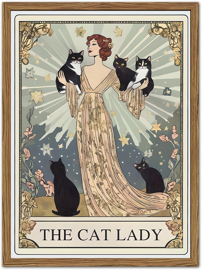 Funny Cat Lady Tarot Card Wall Art Vintage Black Cat Woman Wall Decor Picture, Cute Animal with Girl Poster Painting Canvas Print for Bedroom Living Room 16x24 inch Wood Framed