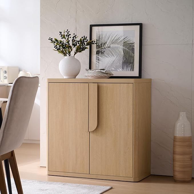34.5'' Sideboard Buffet Cabinet W/Storage, Modern Accent Cabinets W/Curved Handles & Adjustable Shelves, 2 Doors Coffee Bar Buffet Table Credenza for Living Room Kitchen Hallway, Natural Oak