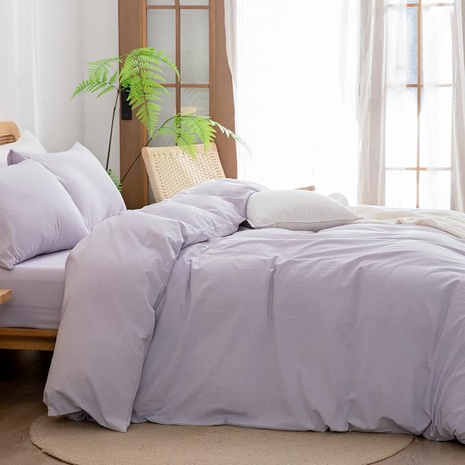 BESTOUCH Duvet Cover Set 100% Washed Cotton Linen Feel Super Soft Comfortable Chic Lightweight 3 PCs Home Bedding Set Solid Taro Purple Super King