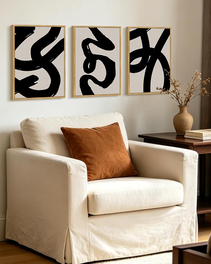 KUVIOKE Black Abstract Framed Wall Art Ink Wash Minimalist Lines Canvas Painting Artwork for Bedroom Hallway 12x16in (Natural Framed)