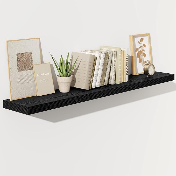 Fun Memories 55 Inch Floating Shelves for Wall, Fireplace Mantel Shelf with Invisible Heavy Duty Bracket, 8 Inch Deep Storage Shelf for Living Room, Kitchen, Farmhouse, Black