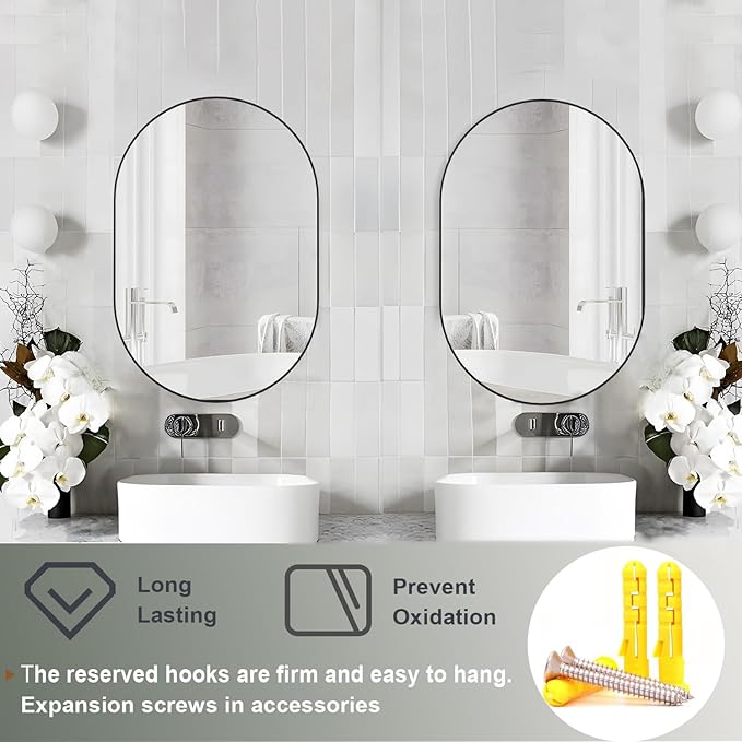 2 Piece Oval Bathroom Mirror Capsule Wall Vanity Mirror, 20"x30" Pill Mirrors Wall Mounted Mirror, Large Modern Mirror with Black Metal Frame, Decor for Entryway, Bedroom, Living Room