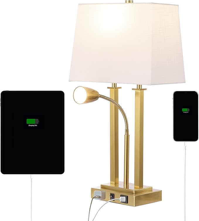JONATHAN Y 23.75" Brass Gold 2-Light Modern Farmhouse LED Table Lamp with USB, White Linen Shade, AC Outlet, Adjustable Reading Light for Bedside Nightstand and Living Room (JYL1144B)