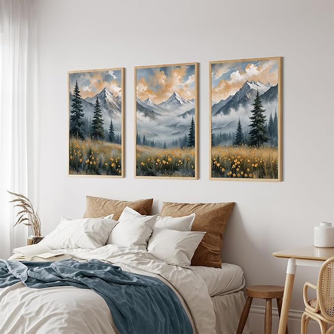 FWIEXA Misty Mountain Framed Canvas Wall Art Set, Foggy Forest Modern Wall Decor, Nature Wildflower Grassland Artwork, Woodland Landscape Scenery Prints for Living Room, Office - Size 16"x24"x3