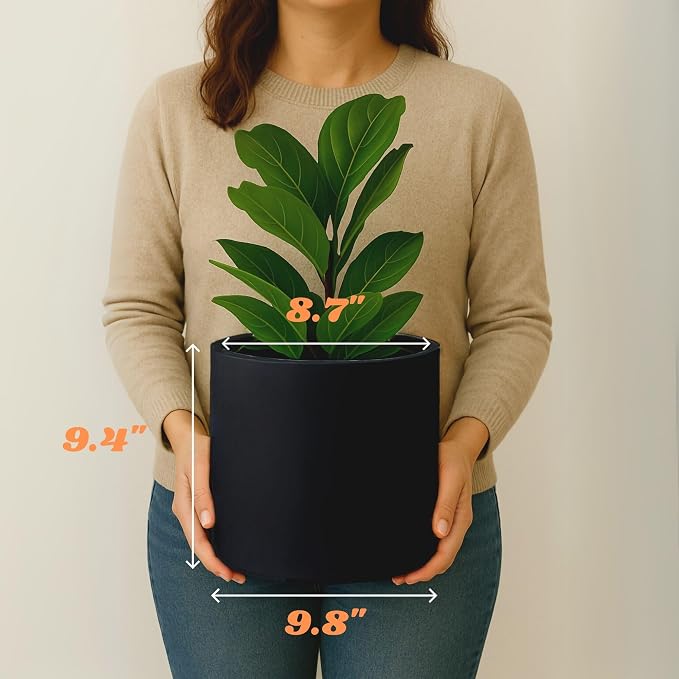Fox & Fern Large Indoor Planter, Modern Large Plant Pot for Indoor or Outdoor, UV and Frost Resistant - 10 Inch, Fiberstone, Matte Black Flower Pot with Drainage Plug, Lightweight