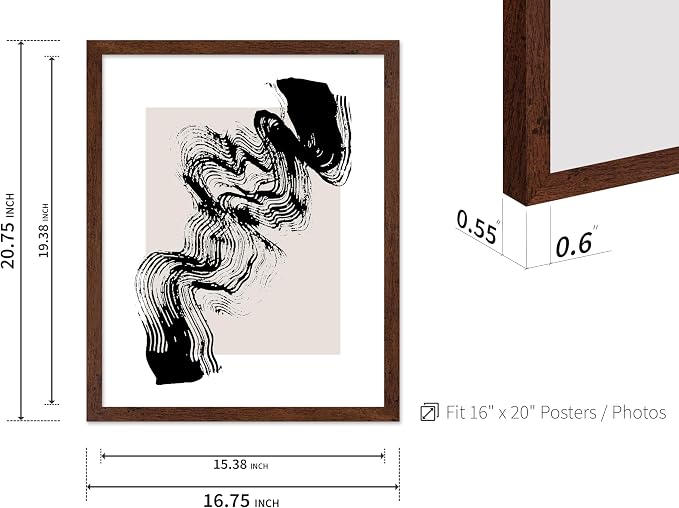 Poster Master Brush Waves Poster - Black Brush Wave Stroke Print - Abstract Design - Drawing Artwork - Mid Century Modern Art - Minimal Design - Living Room or Bedroom Wall Decor - 16x20 Brown Framed