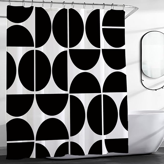Black and White Geometric Shower Curtain - Mid-Century Modern Abstract Art, Waterproof Polyester Fabric, 72x72 Inches, with 12 Hooks
