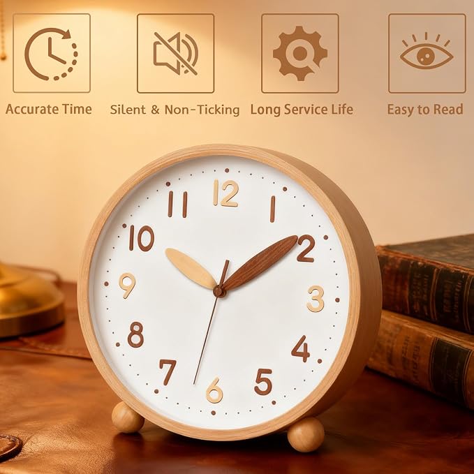 Maxspace Wooden Table Clock,8in Silent Non-Ticking Desk Clock,Battery Operated Desktop Analog Clock for Living Room Bedroom Kitchen Office Classroom Decor (Log - Double Wood Font)