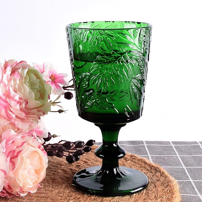 Jomop Handmade Pressed Colored Stemmed Wine Glasses Set Green Set of 4 Retro St. Patrick's Day Vintage Glassware (4, Wine Goblet)