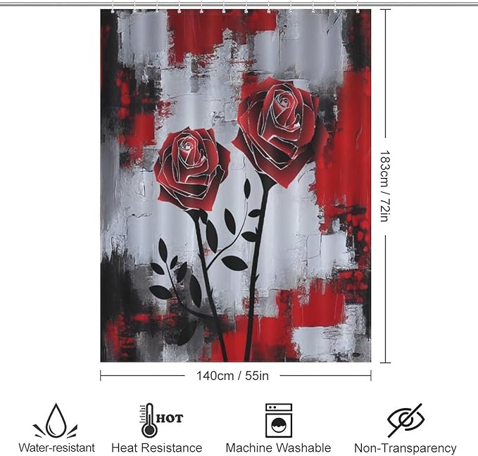 Red Rose Abstract Shower Curtain Nature Red Rose Floral Valentine's Day Artistic Waterproof Shower Curtains for Bathroom Decor 12 Pack Hooks 55x72in（140x183cm）