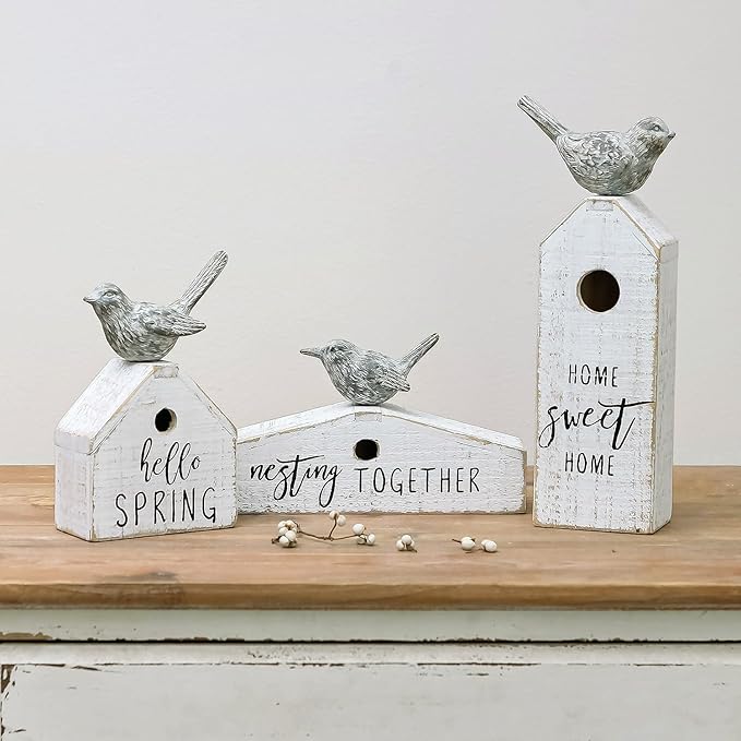 3 Pcs Birdhouse Shaped Wooden Table Decor with Bird Ornament, Rustic Farmhouse Spring Decor for Shelf Mantel Desk Decoration, Housewarming Gift, Hello Spring, Nest Together, Home Sweet Home