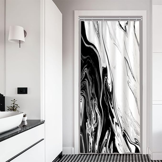 Stall Shower Curtain, Black and White Small Shower Curtain Modern Abstract Marble Waterproof Narrow Shower Curtain Set with Hooks, 36x72 Inch