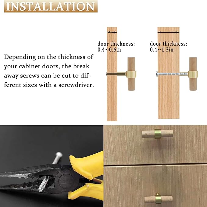 Wood and Brass Dresser Handles Single Hole 4Set Euro Scandi-Modern Kitchen Cabinet Pull Unfinished Wood and Metal Drawer Knob