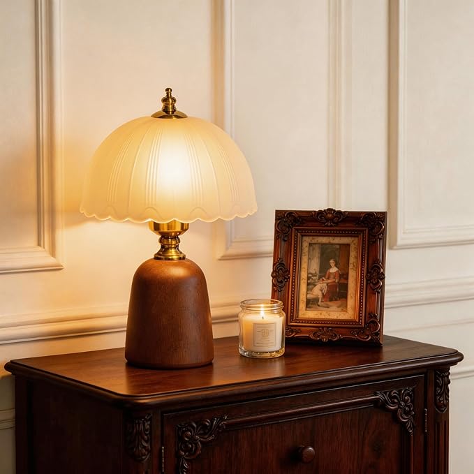13“ Mid-Century Decorative Wooden Small Table Lamp, Frosted Scalloped Glass Shade, Solid Wood Base, Vintage Bedside Table Lamp for Bedroom Living Room, E26 Bulb Included