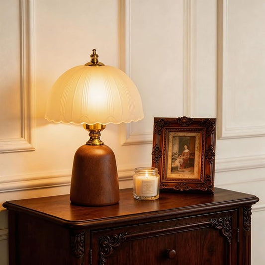 13“ Mid-Century Decorative Wooden Small Table Lamp, Frosted Scalloped Glass Shade, Solid Wood Base, Vintage Bedside Table Lamp for Bedroom Living Room, E26 Bulb Included