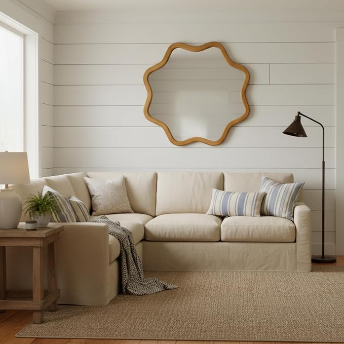 ZIYOO Star Shaped Wall Mirror, Natural Wood Grain Scalloped Edge Decorative Mirror, Boho Accent Mirror for Entryway Bathroom Living Room Bedroom (Wood,28")