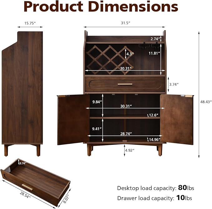 40" Vintage Bar Cabinet with Wine Rack and Glass Holder, Carved Wood Double Doors, Wide Storage Drawer & Adjustable Shelves for Home Bar, Living Room or Dining Room