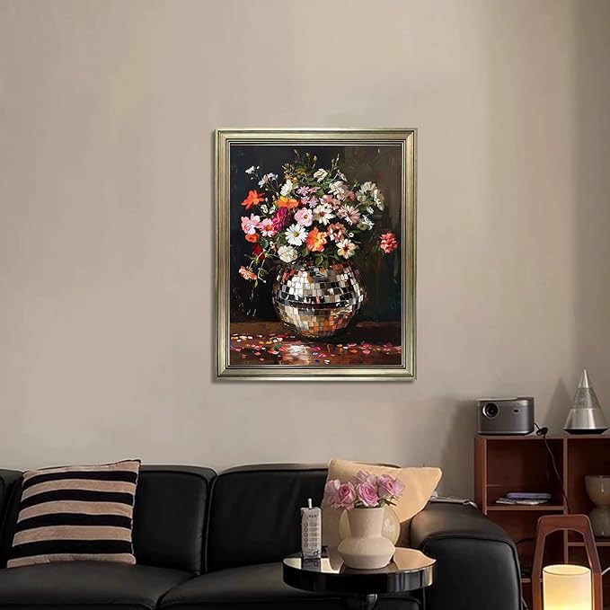 Disco Ball Wall Decor, Vintage Framed Colorful Moody Florals Wall Art, Maximalist Funky Flowers Bouquet Print Poster, Retro Eclectic Wall Art Painting