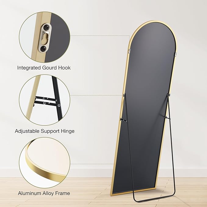 OLIXIS 64"x 21.5" Arched Mirror Full Length, Full Body Mirror with Stand, Hanging or Leaning for Wall, Floor Standing with Shatter-Proof Glass for Bedroom, Living Room, Long, Gold
