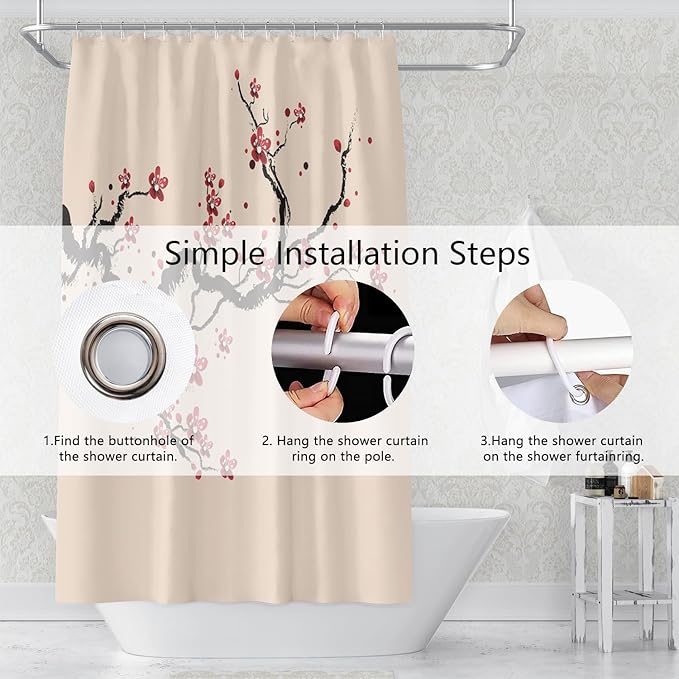 Cherry Blossom Shower Curtain Chinese Traditional Antique Ink Painting Art Plum Floral Shower Curtains Bathroom Accessories Waterproof Polyester Fabric with Hooks, 60 x 72 Inch