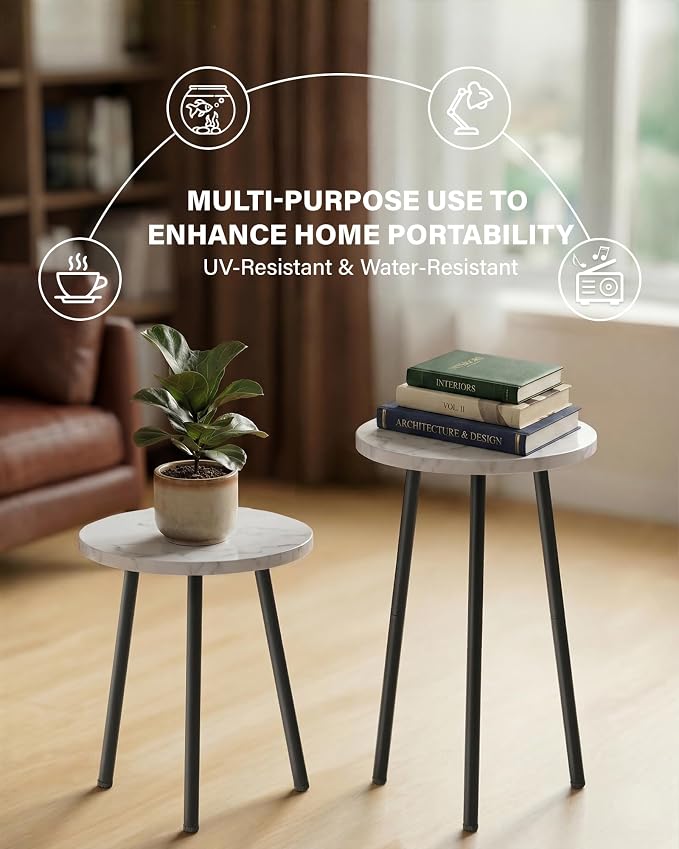 Plant Stand Indoor Tall: Corner Wood Plant Stand 2 Pack Mid Century Modern Decor - Small Round Plant Table for Indoor Plants - Outdoor Plant Holder for Patio Living Room Office (White Marble)