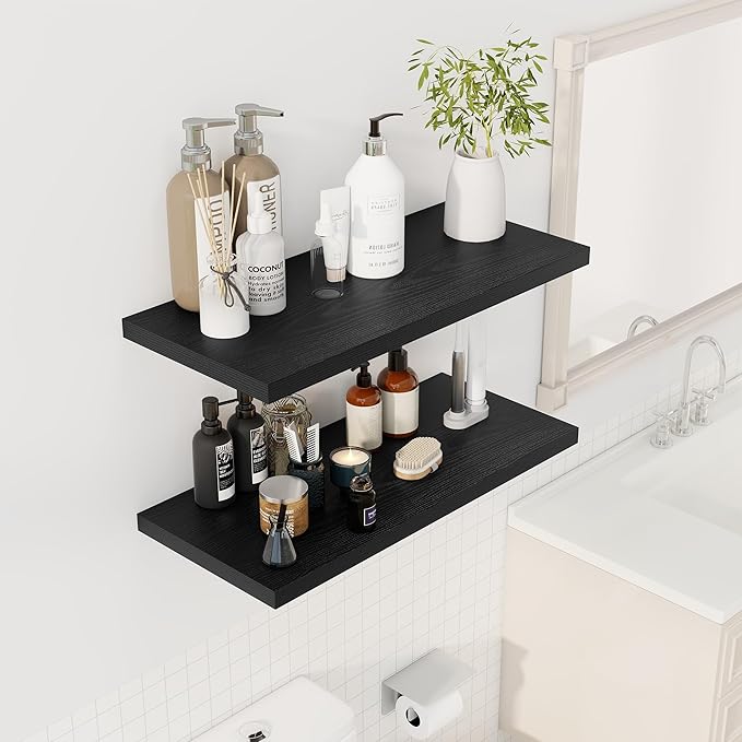 Dreamland 30" Floating Shelves for Wall, 12" Deep Slim Black Floating Shelves, Wall-Mounted Shelves for Bedroom, Living Room, Kitchen, Bathroom - Set of 2