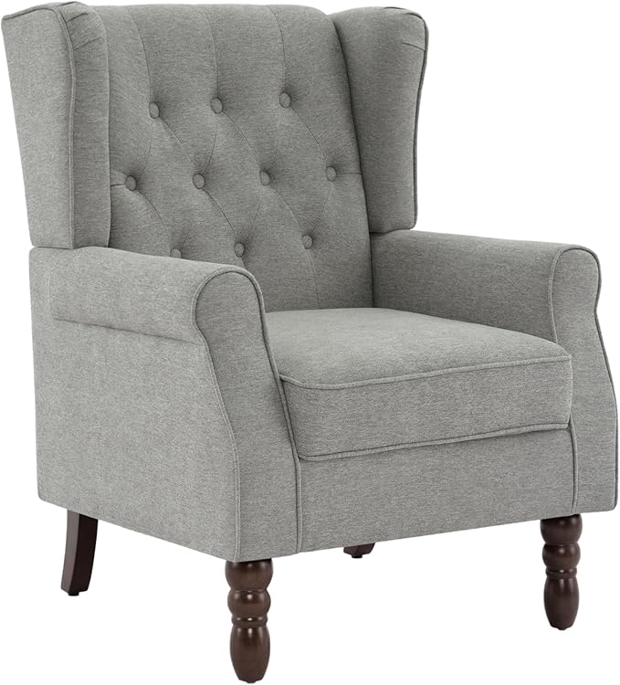 High Back Accent Chair, Fabric Upholstered Armchair Retro Wingback Arm Chair for Living Room, Comfy Single Sofa Bedroom Reading Seat with Solid Wood Legs - Light Gray