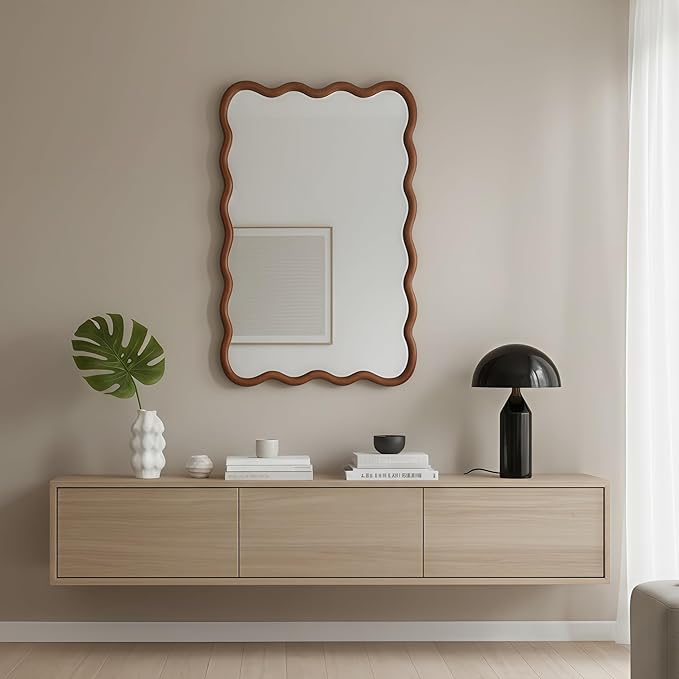 30x20 Inch Wooden Wavy Rectangle Wall Mirror, Modern Solid Wood Frame Decorative Accent Mirror for Bedroom, Bathroom, Living Room, Entryway, Yellowish Brown