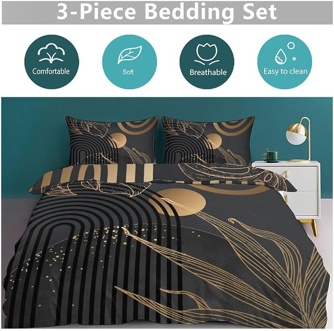 Mid Century Leaf Bedding Set,Dark Black Gold Abstract Tropical Plant Minimalist Modern Geometric Palm Leaf Simple Comforter Duvet Cover Set with Pillowcase for Bedroom Bed Decor,Full 79"x90"