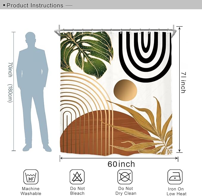 Miyotaa Abstract Mid Century Shower Curtain Set 60Wx71H Inches Minimalist Aesthetic Modern Contemporary Plant Leaves Neutral Rust Vintage Polyester Waterproof Bathroom Curtain with 12 Hooks