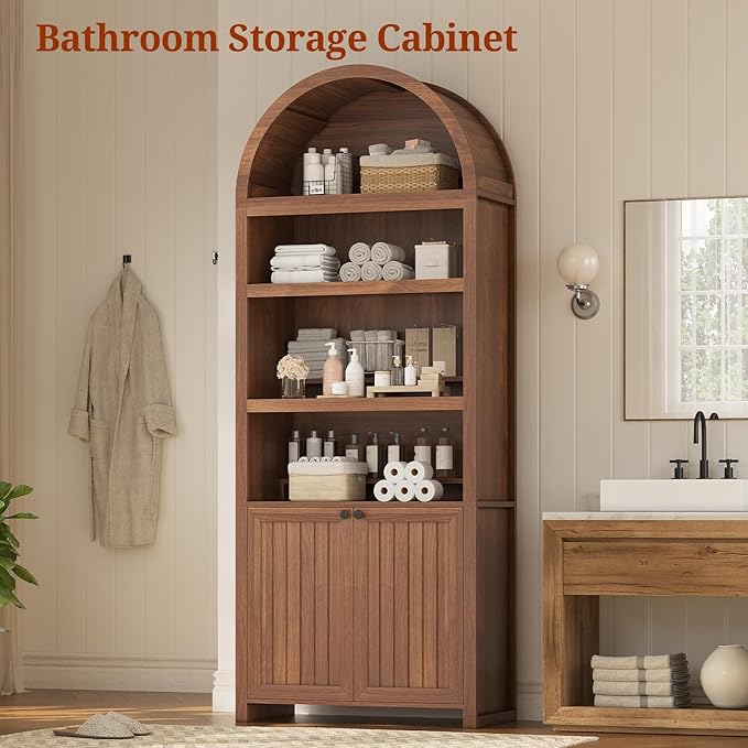 81" Tall Arched Cabinets,Bookcase with storage,Mid-Century Modern 6-Tier Bookshelf with Door,2 Book Risers and Adjustable Shelves offering more storage space for Living Room,Kitchen,Home Office,Brown