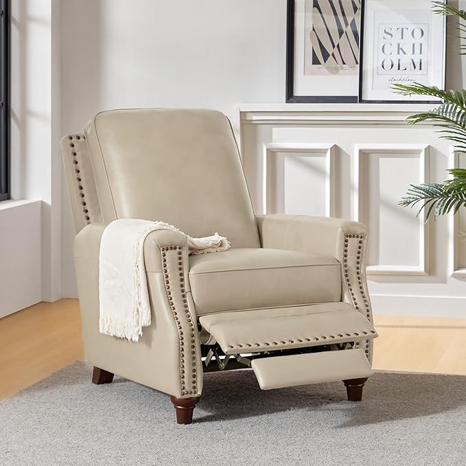 HULALA HOME Genuine Leather Recliner Chair, Classic Push Back Recliner Armchair with Thick Seat and Backrest, Comfy Adjustable Home Theater Single Recliner w/Nailhead Decor for Living Room (Beige)