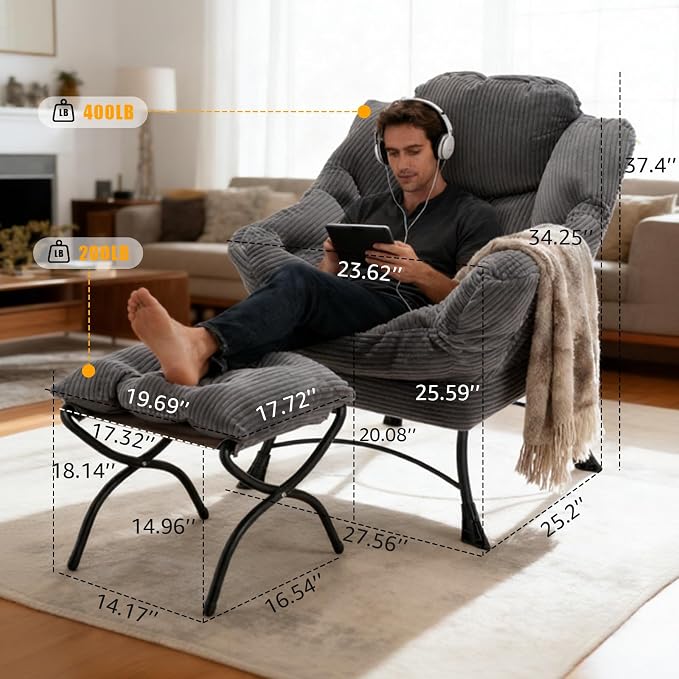 Lazy Chair with Ottoman, Oversized Comfy Accent Chair, 400LBS Heavy Duty Metal Frame, Thick Cushion Corduroy Lounge Chair for Living Room Bedroom Reading, Dark Gray