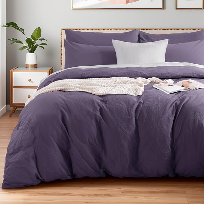 NEXHOME PRO 100% Washed Cotton Duvet Cover King Size, Ogranic Natural Linen Feel Breathable Bedding Set with Zipper Closure, 3 Pieces Duvet Cover Set Eggplant (No Comfortert) 10490