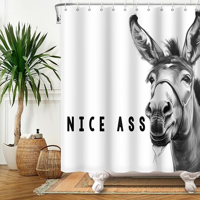 Funny Donkey Shower Curtains Joke Hilarious Animal Bathroom Curtain Rustic Farmhouse Cute Donkey White Shower Curtain Sets for Bathroom Extra Long 72x78 in with 12 Hooks