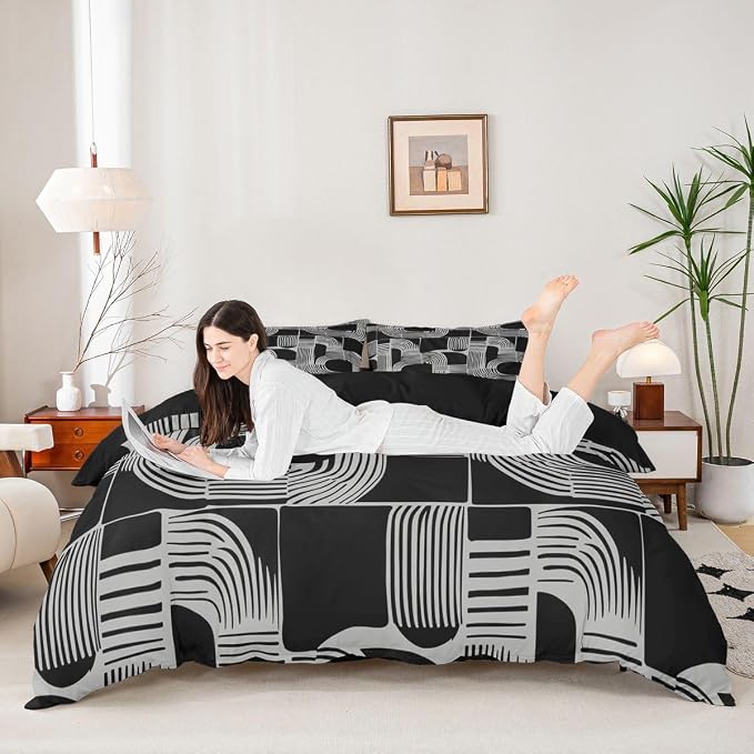 Erosebridal Mid Century Abstract Teens Duvet Cover Bohemian Geometric Bedding Set Full Size Modern Aesthetics Striped Comforter Cover for Kids Boys Adult Bedroom Boho Minimalist Stripes Bed Sets