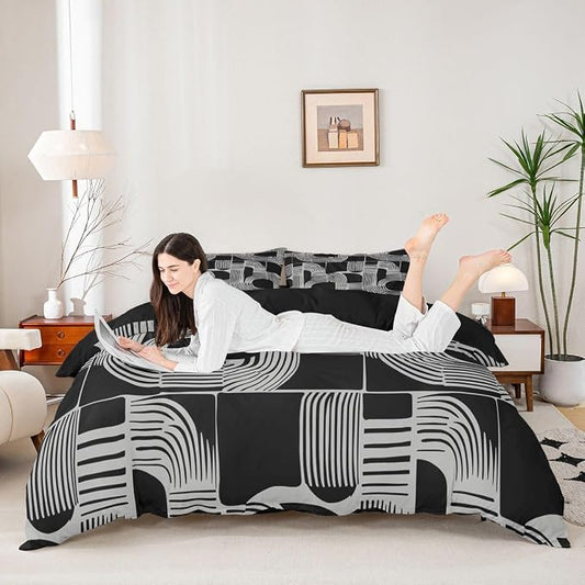 Erosebridal Mid Century Abstract Teens Duvet Cover Bohemian Geometric Bedding Set Toddler Size Modern Aesthetics Striped Comforter Cover for Kids Boys Adult Bedroom Boho Minimalist Stripes Bed Sets