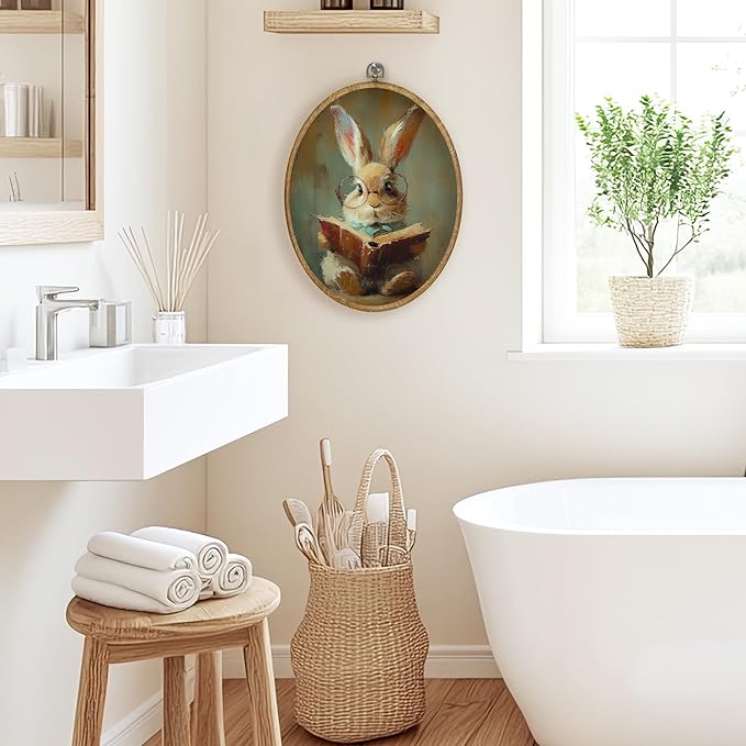 CGBHW Funny Easter Bunny Oval Wall Art Decor, Rustic Bunny Bookish Canvas Prints Framed, Country Farmhouse Rabbit Wall Art Hanging Decor for Reading Room Library Home Kitchen Bedroom, 8.6x11.4 Inch