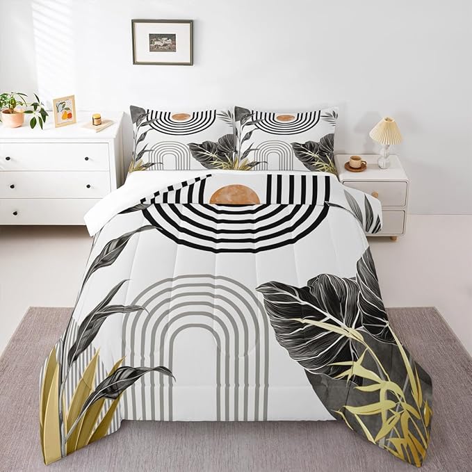 Erosebridal Modern Boho Queen Comforter Grey White Aesthetic Bedding Set Abstract Mid Century Bedding Simple Tropical Palm Leaf Duvet Insert 3Pcs Room Decor