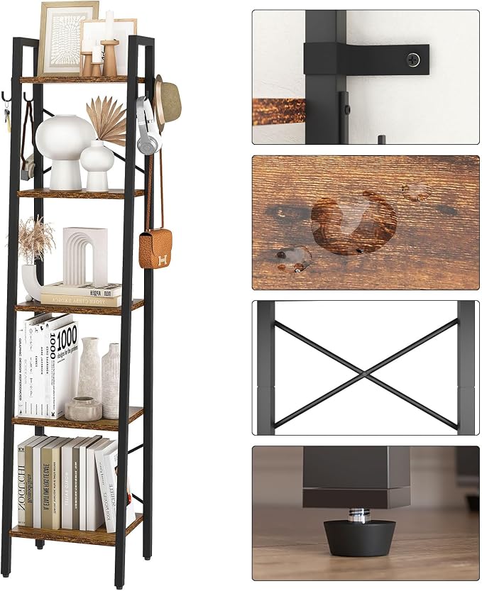 YMYNY 5 Tiers Ladder Bookcase, Industrial Narrow Bookshelf, Open Display Rack with 4 S Hooks, Metal Storage Shelves for Bedroom, Home Office, Living Room, Rustic Brown, 63H*13.4L*11.8W, UHBC025H