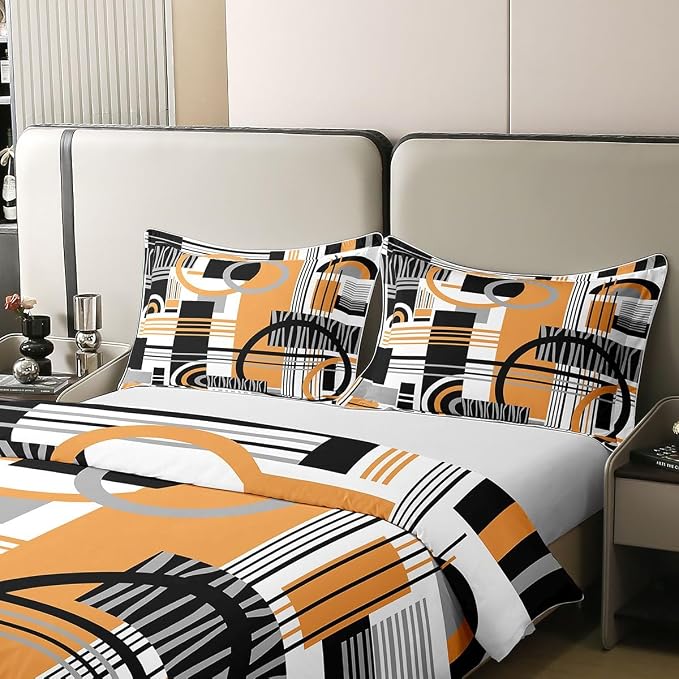 Erosebridal Art Deco Mid Century Duvet Cover Set Retro Modern Abstract Geometric 100% Cotton Comforter Cover Black and White Yellow Circles Stripes Twin Bedding Sets for Girls, Contemporary Bed Set