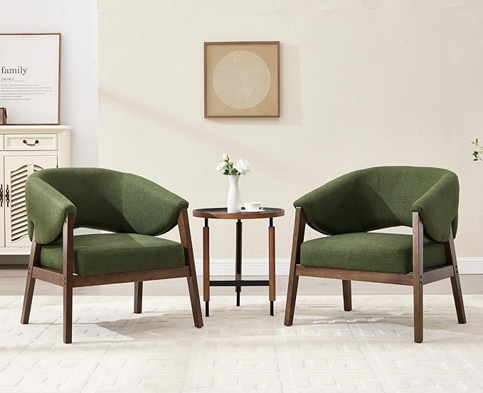 CIMOTA Mid-Century Modern Accent Chair, Comfy Barrel Armchair with Wide Seat, Upholstered Lounge Chair with Walnut Wood Legs for Living Room/Bedroom/Reading Corner, Linen Fabric, Deep Green, 1PC