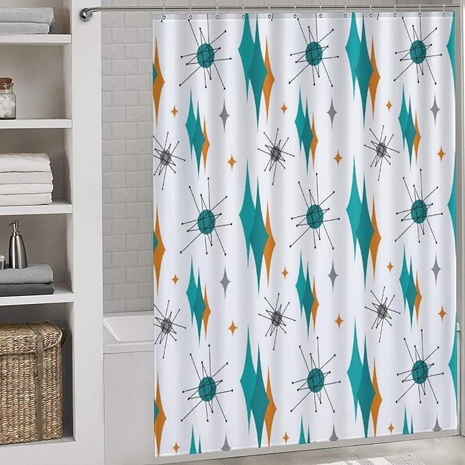 Mid Century Modern Shower Curtain for Bathroom, Teal Orange Geometric Atomic Abstract Pattern 1950s 1960s Retro Vintage Style Waterproof Fabric Shower Curtain Set with Hooks, 72"x78" Inch