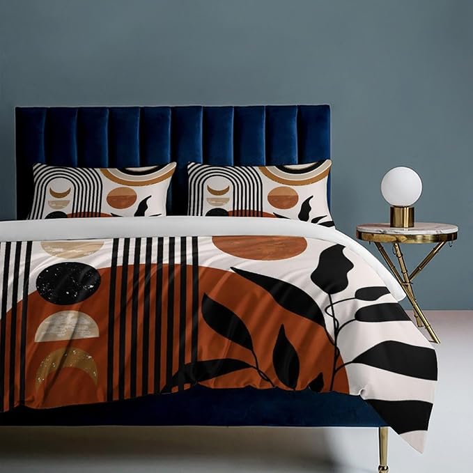 Mid Century Moon Phase Duvet Cover Sets Boho Modern Palm Leaves Arch Minimalist Printed Lightweight Soft Quilt Cover Soft Microfiber 3 Piece (1 Duvet Cover 90x90in + 2 Pillow Sham 20x30in)