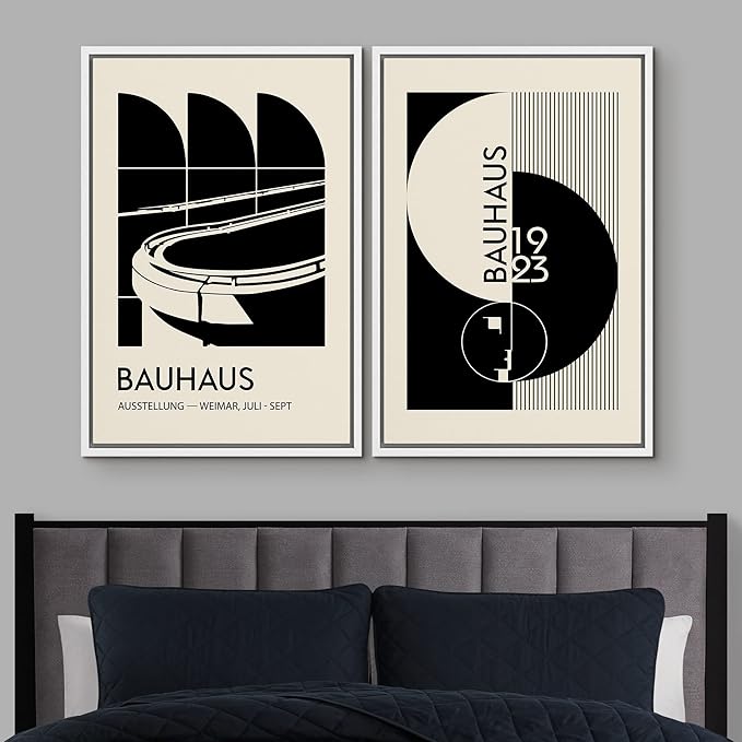 IDEA4WALL Framed Canvas Print Wall Art Set Bauhaus Geometric Black Architecture Circles Abstract Shapes Illustrations Modern Art Decorative for Living Room, Bedroom, Office - 24"x36"x2 White