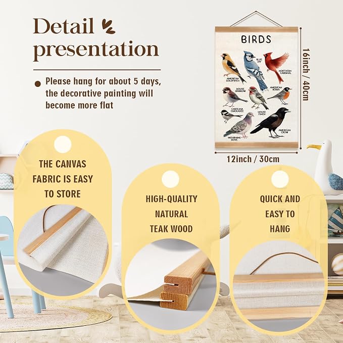 ZTGDA Birds Vintage Wall Art – Hanging Poster with Solid Wood Frame, Linen Canvas Bird Illustration Poster,Birds Wall Decor for Living Room Playroom Classroom, Birds Lovers Gift 12x16inch