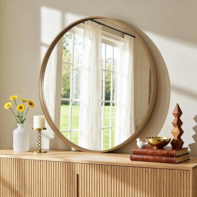 HOMECOOKIN Round Wood Mirror 36 inch Circle Wall Mirror for Bathroom, Vanity, Entryway, Living Room Decor, Natural Oversized Mirror