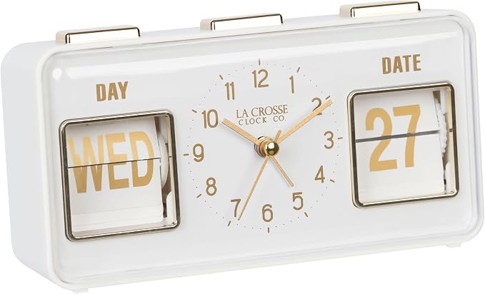 La Crosse Clock 636-379W Daily Flip White Tabletop Alarm Clock with Calendar